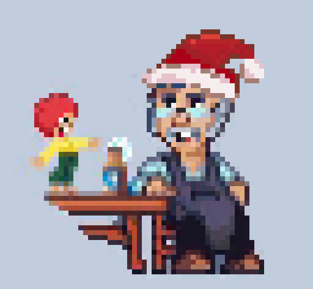 pixelart of the german 'Meister Eder' and his 'Pumuckl'